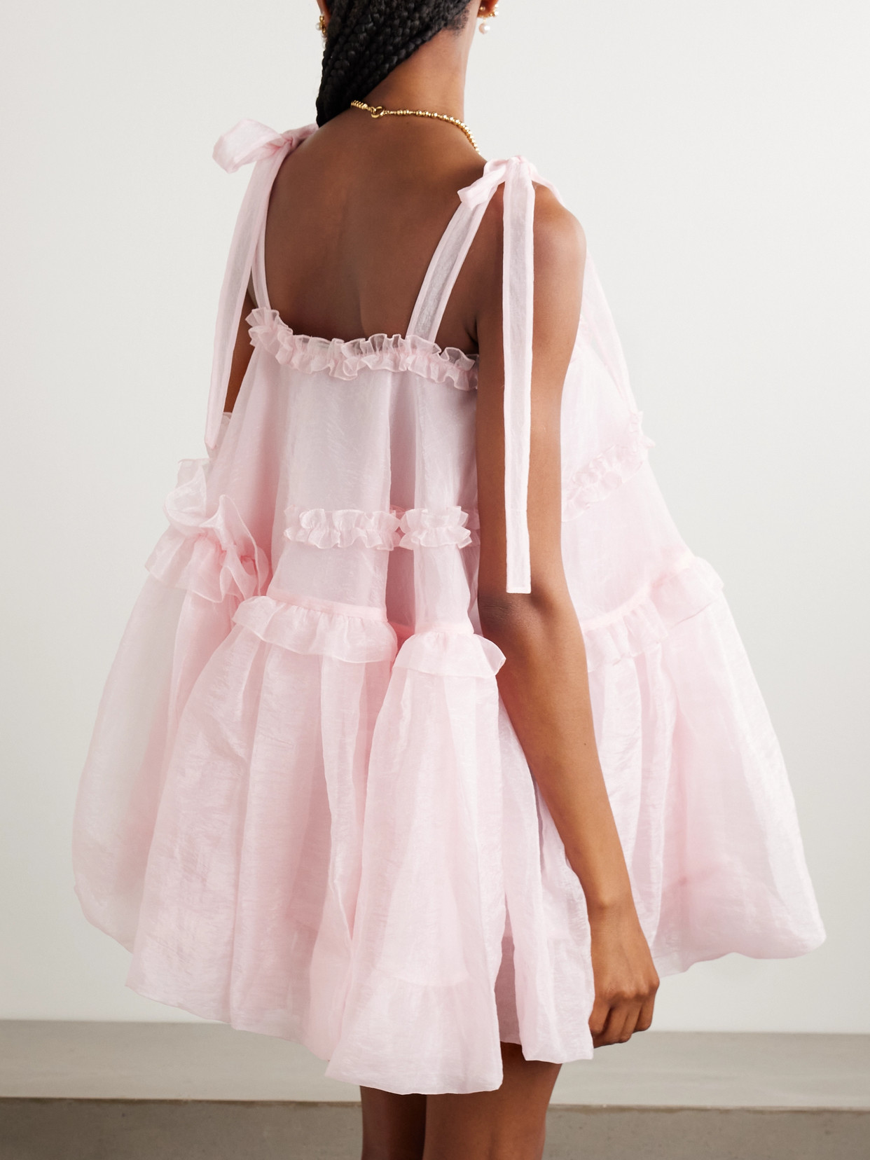 Cecilie Bahnsen Cristina Bow-detailed Tiered Ruffled Crinkled-taffeta Mini Dress In Pink