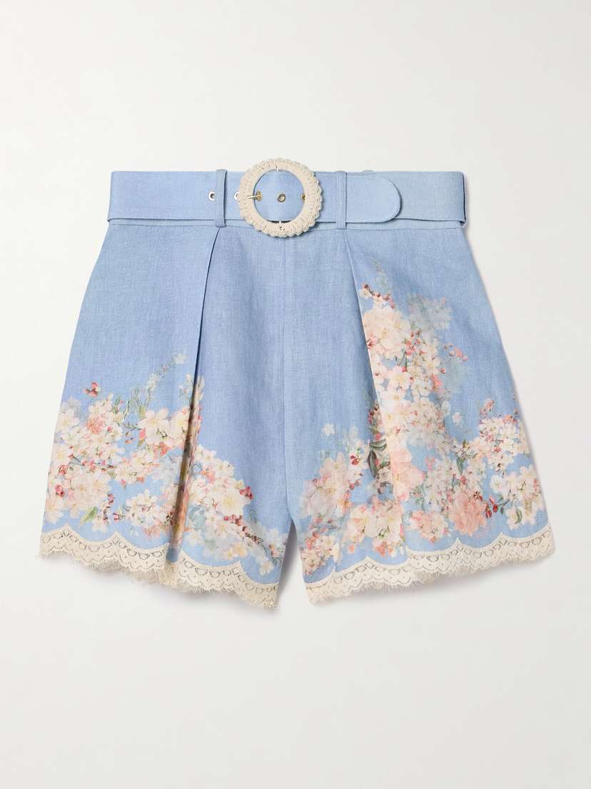 Zimmermann Cascadian Belted Lace-trimmed Pleated Floral-print Linen Shorts