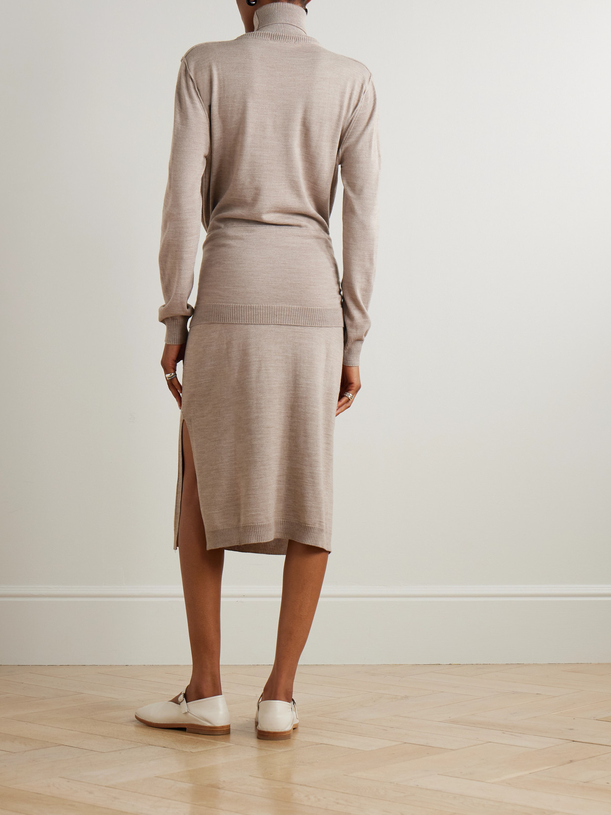 Lemaire Belted Wool-blend Turtleneck Midi Dress In Brown