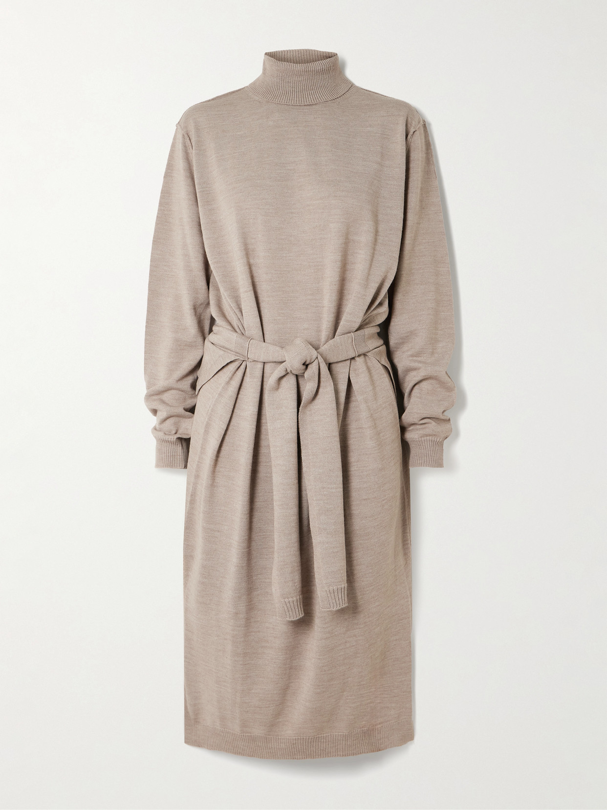 Lemaire Belted Wool-blend Turtleneck Midi Dress In Brown