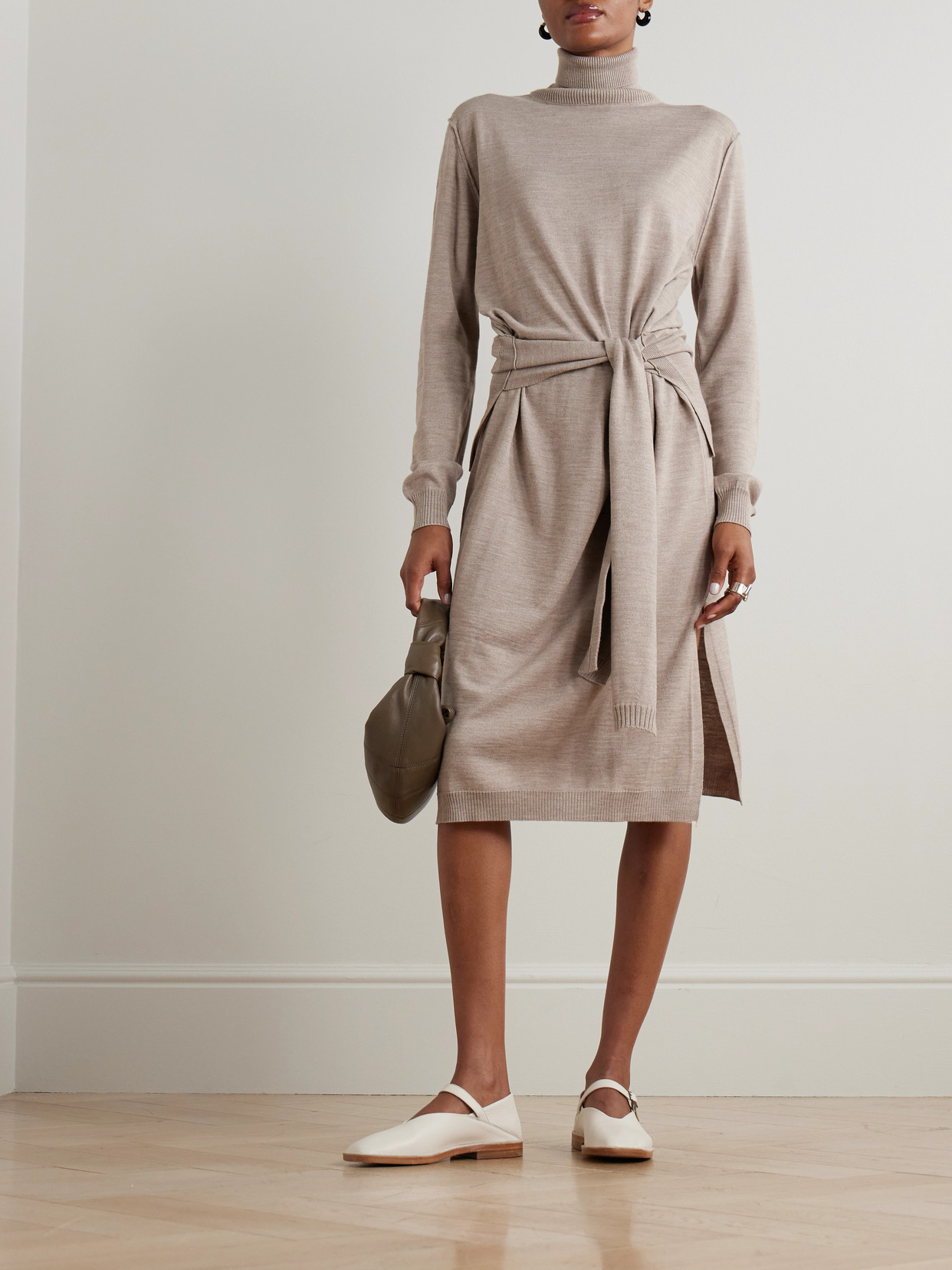 Lemaire Belted Wool-blend Turtleneck Midi Dress In Brown