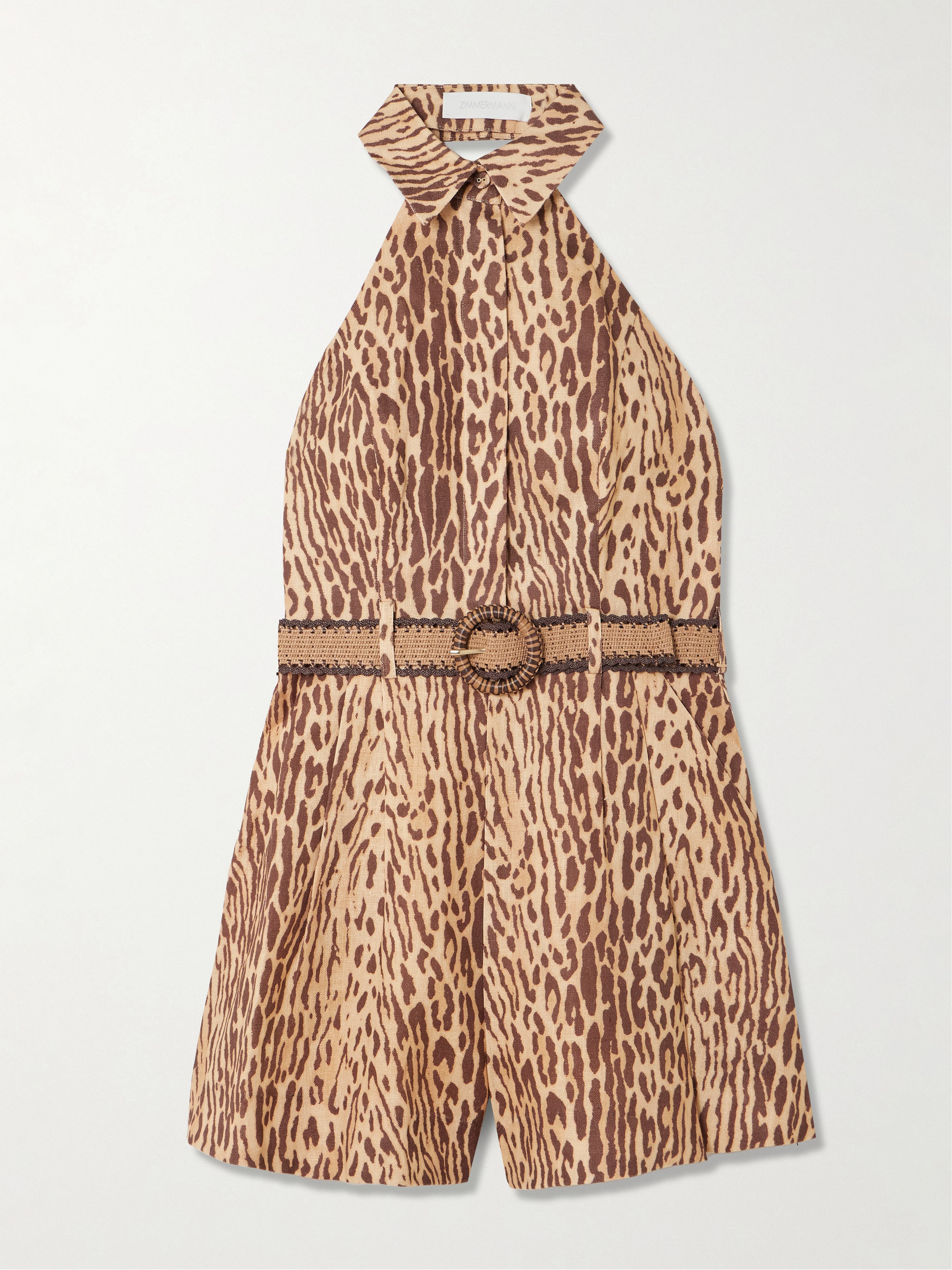 Zimmermann Cascadian belted pleated leopard-print linen playsuit