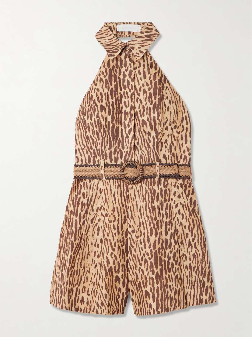 Zimmermann Cascadian Belted Pleated Leopard-print Linen Playsuit