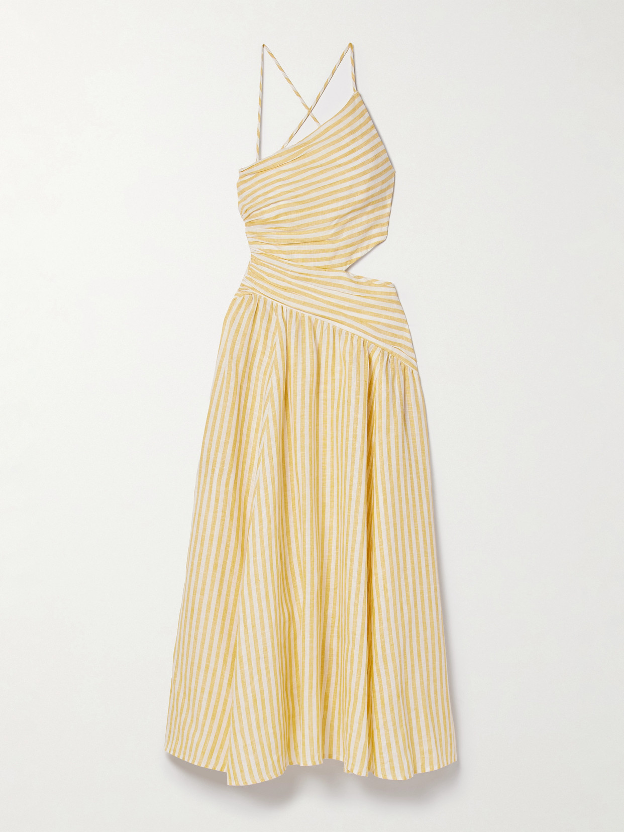 Zimmermann Cascadian Cutout Ruched Striped Linen Midi Dress