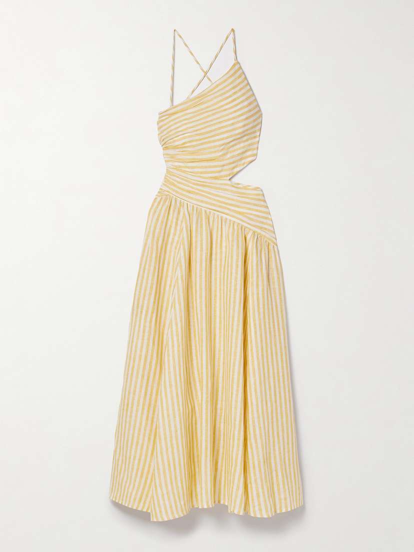 Zimmermann Cascadian Cutout Ruched Striped Linen Midi Dress