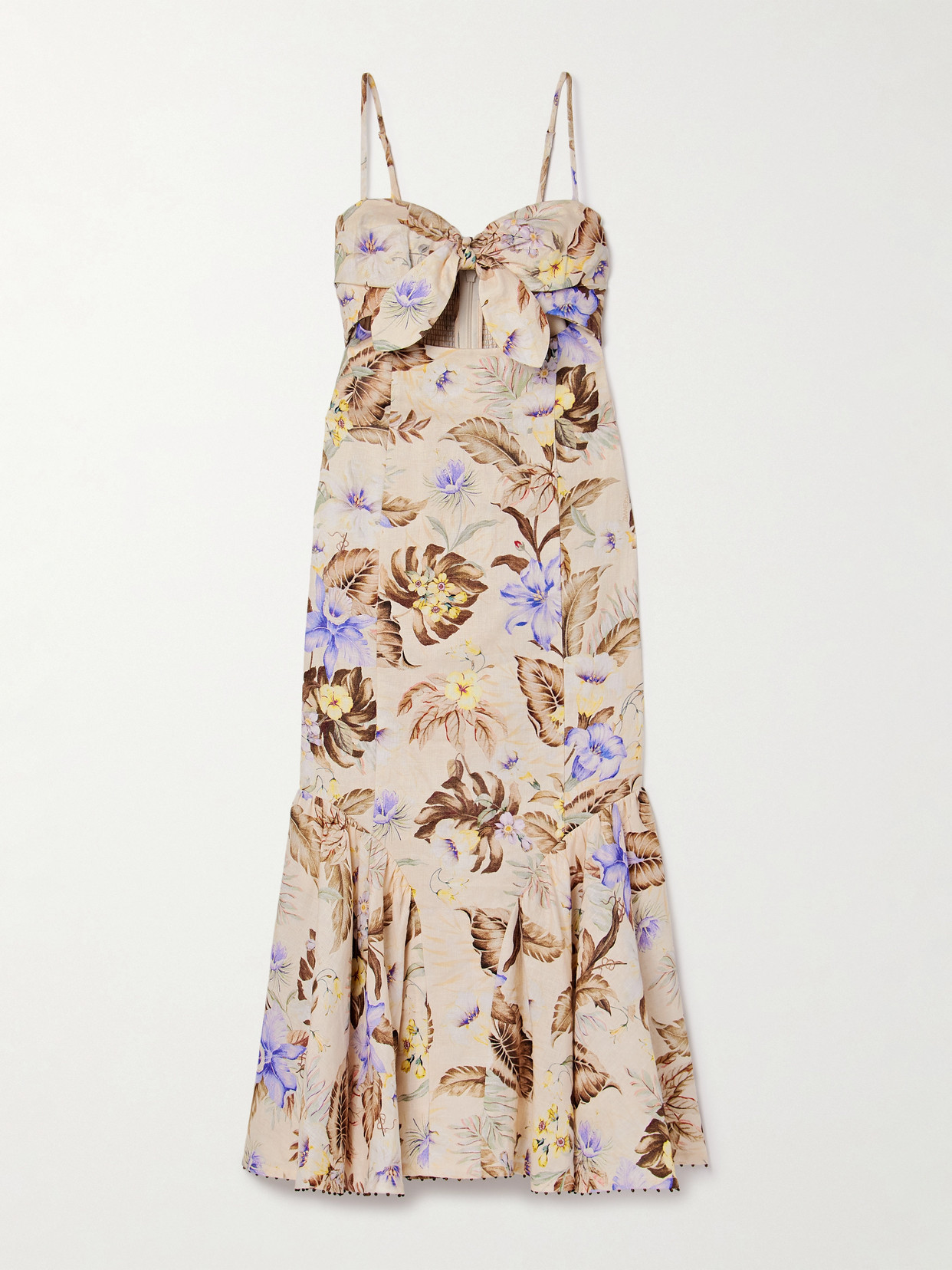 Zimmermann - Coco Bow-embellished Cutout Floral-print Linen Midi Dress - Beige