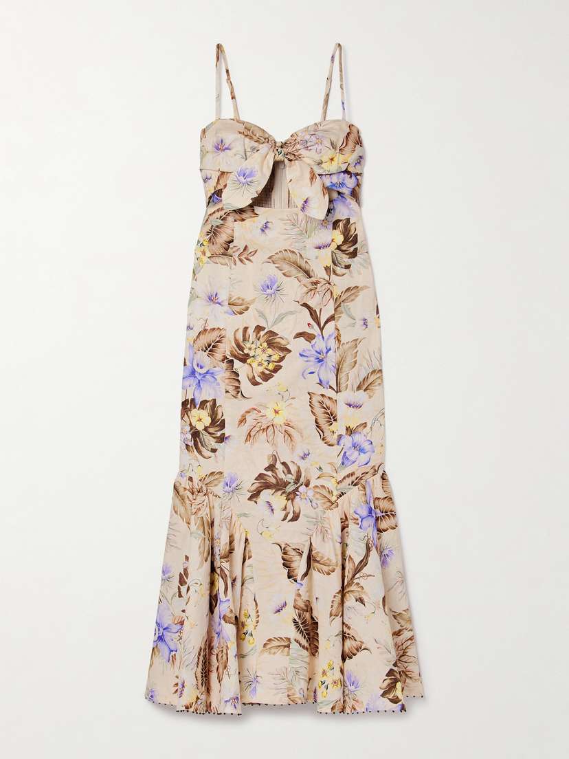 Zimmermann Coco Bow-embellished Cutout Floral-print Linen Midi Dress