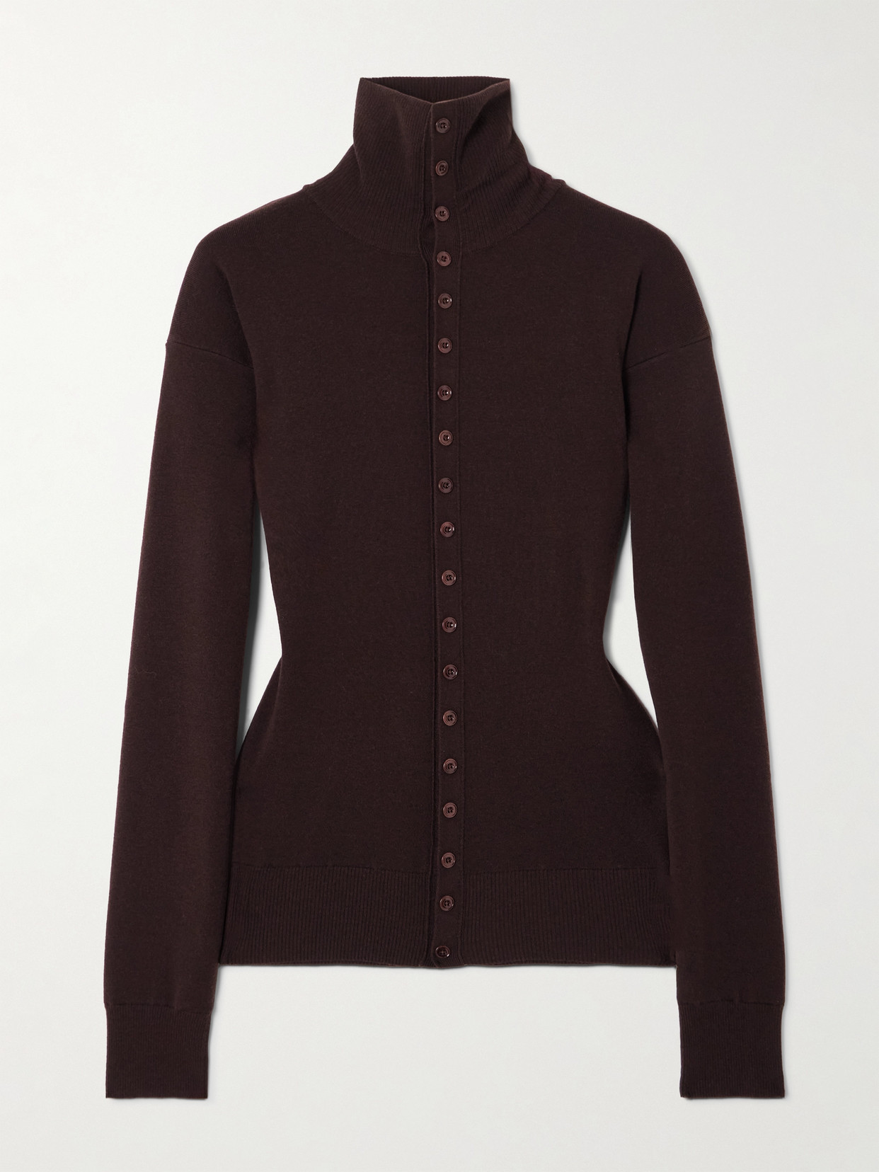 Lemaire Wool Cardigan Featuring High Collar And Ribbed Cuffs In Brown