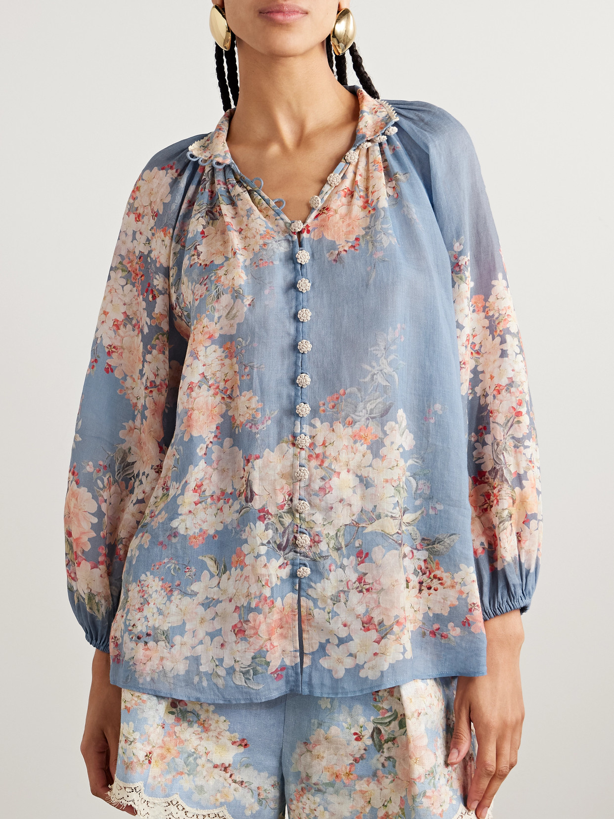 Zimmermann Cascadian Lace-trimmed Floral-print Ramie Blouse