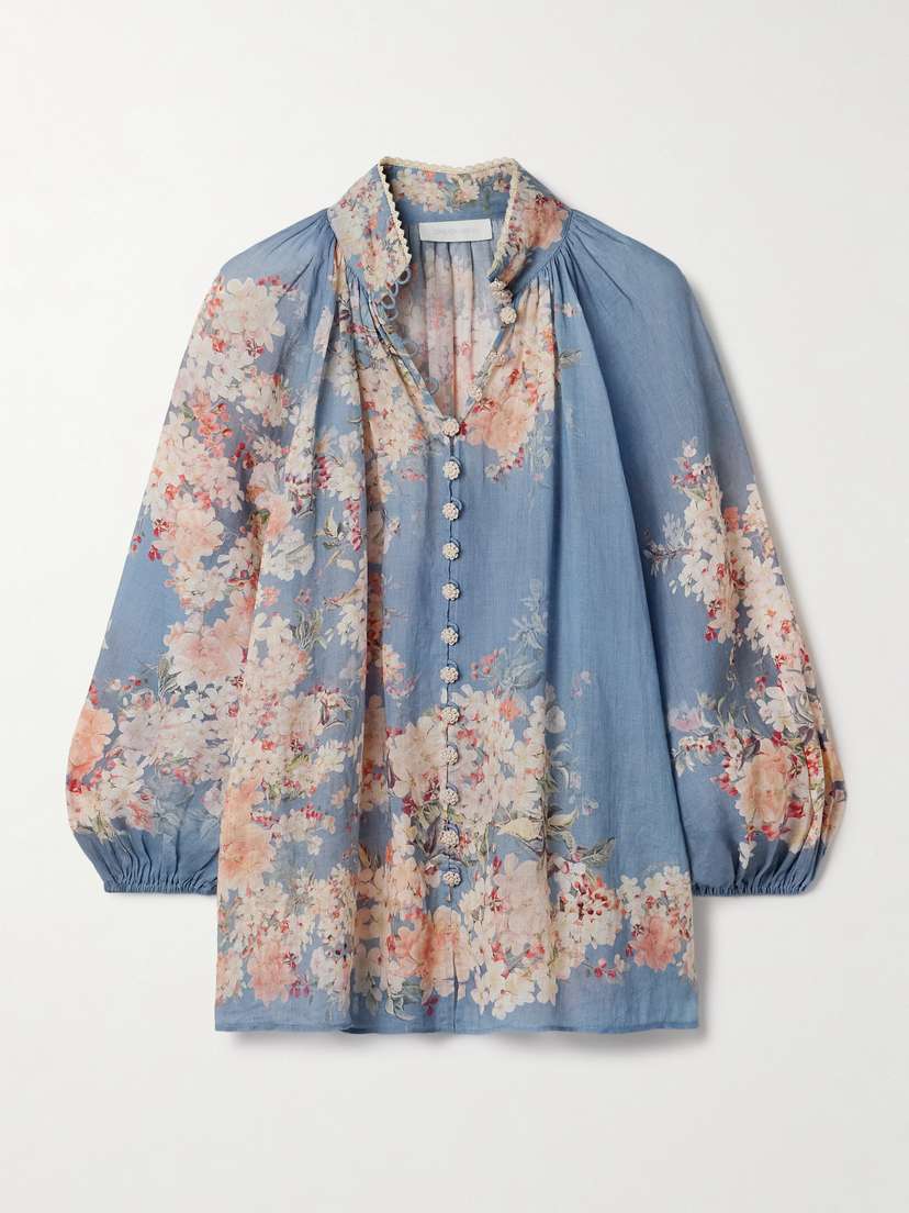 Zimmermann Cascadian Lace-trimmed Floral-print Ramie Blouse