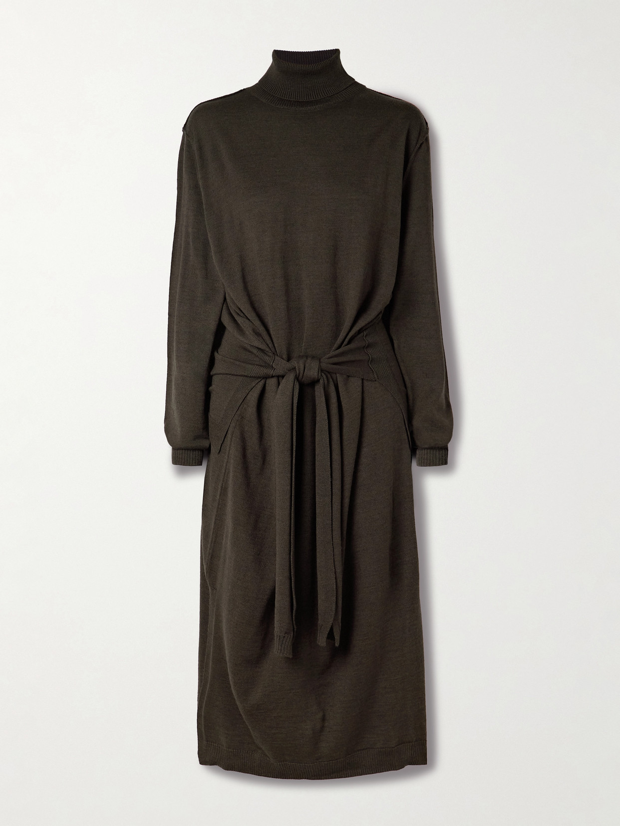 Lemaire Belted Wool-blend Turtleneck Midi Dress In Brown