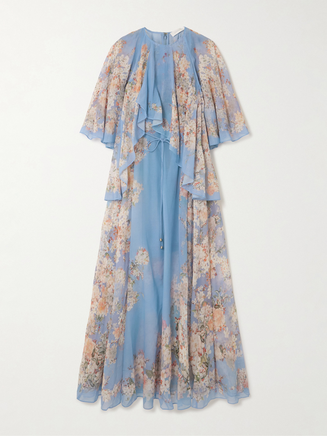 Zimmermann Cascadian Tiered Ruffled Floral-print Recycled-georgette Maxi Dress In Blue