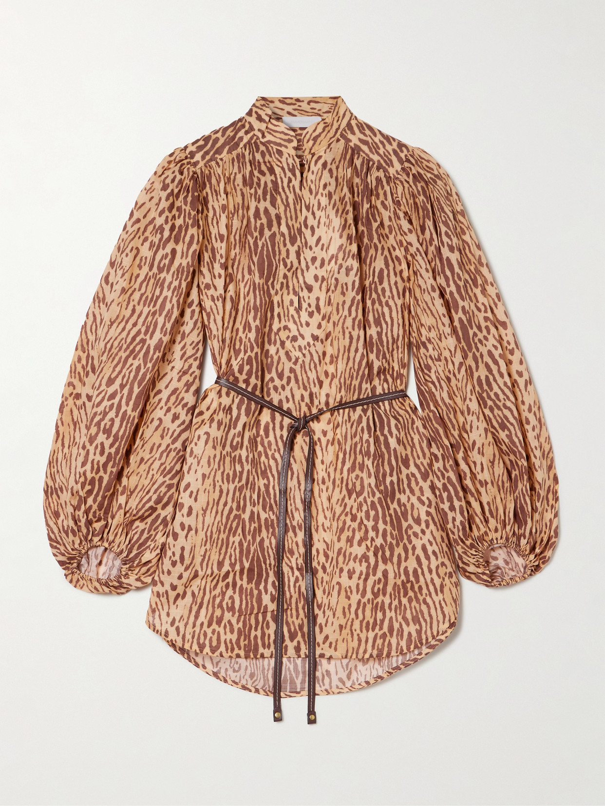 Zimmermann Cascadian Beige Tunic Dress With Stand-up Collar And All-over Leopard Print In Linen Woman In Brown