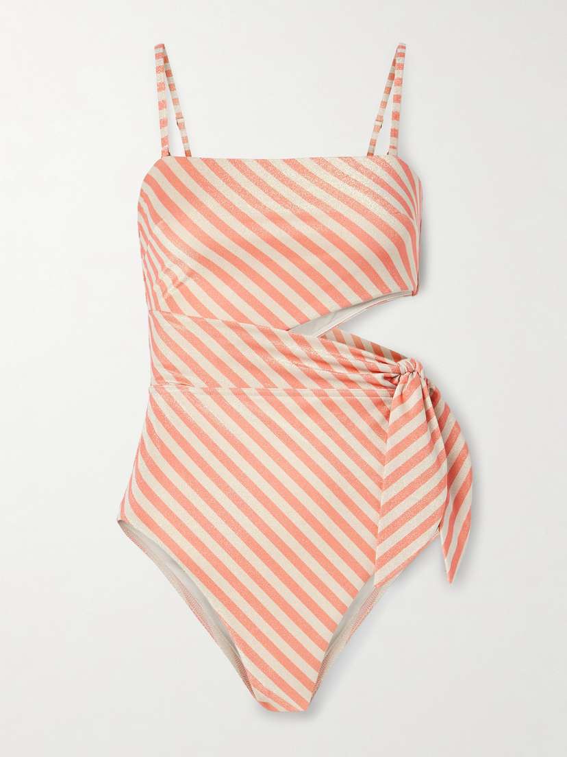 Zimmermann Cascadian Cutout Tie-detailed Striped Metallic Recycled Swimsuit