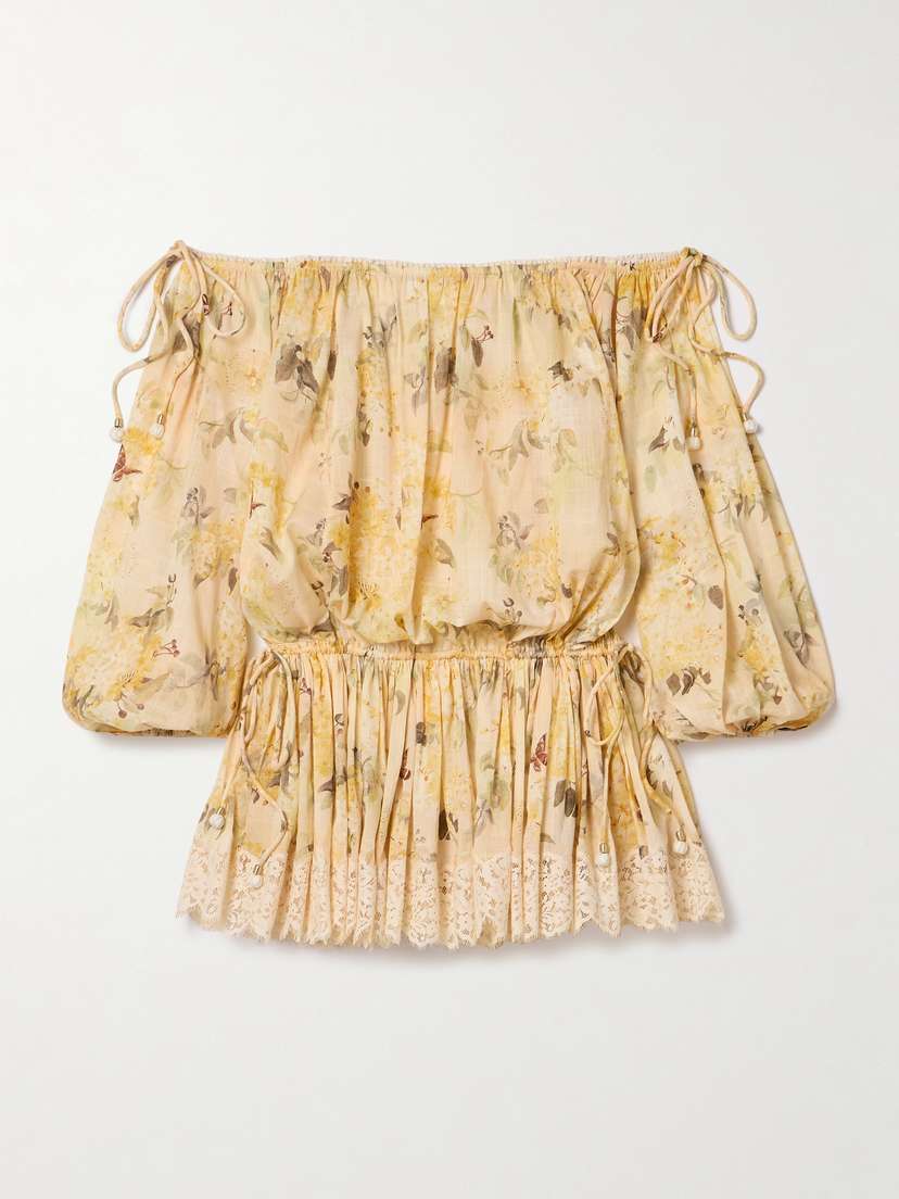 Zimmermann Cascadian Off-the-shoulder Lace-trimmed Printed Cotton-voile Mini Dress