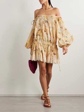 Zimmermann Cascadian off-the-shoulder lace-trimmed printed cotton-voile mini dress