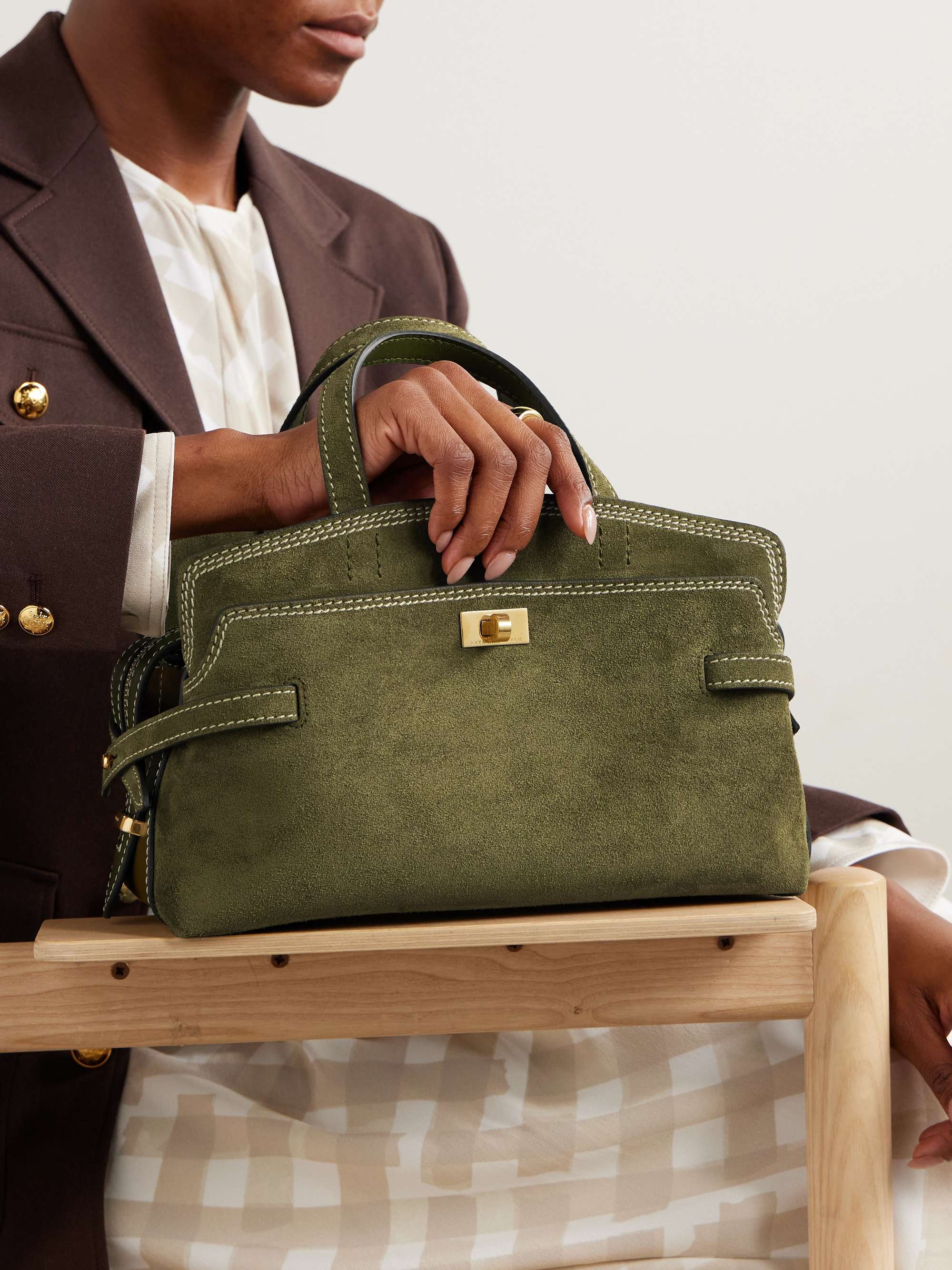 Wilson small leather-trimmed suede shoulder bag - army green - One Size
