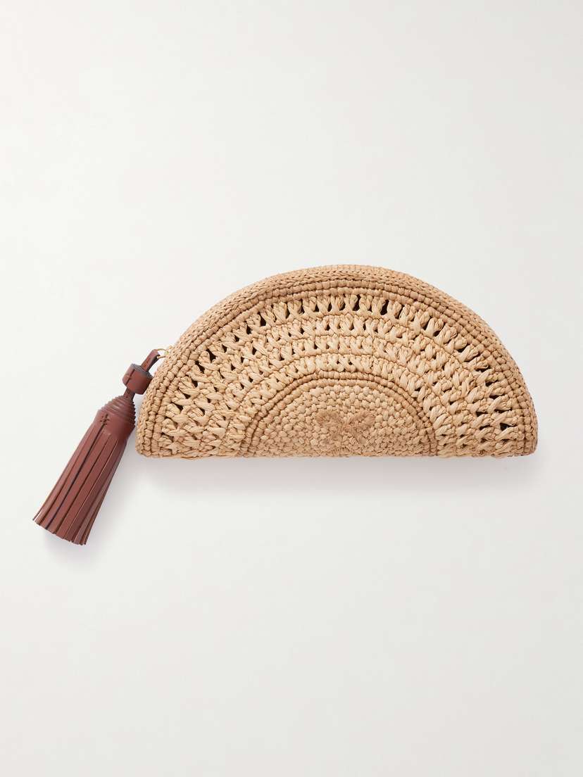 Anya Hindmarch Half Moon Bow Tasseled Leather-trimmed Raffia Clutch
