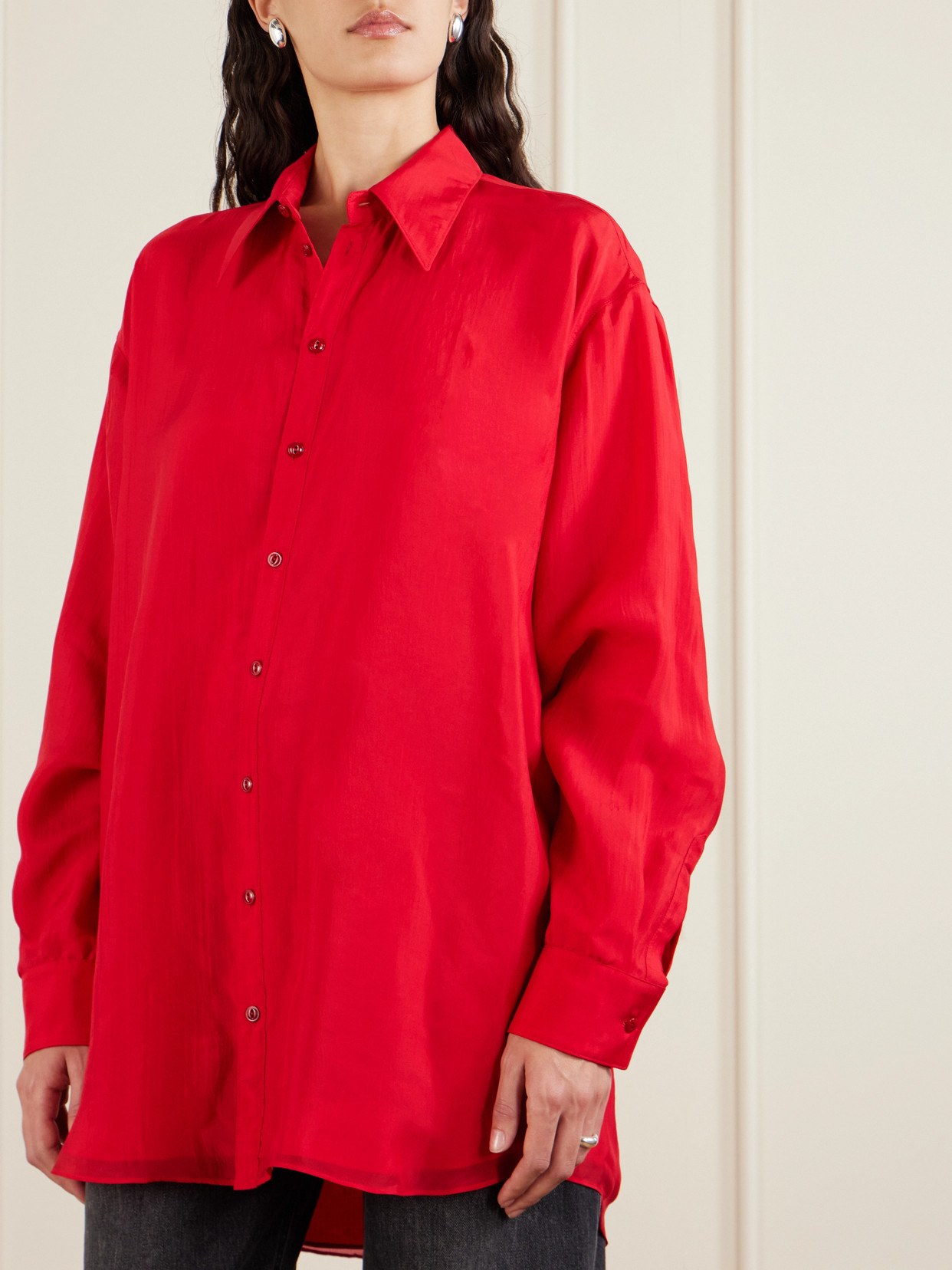 Lemaire Oversized Organic Silk-satin Shirt In Red