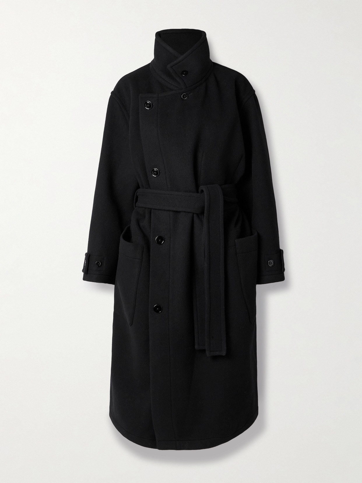 Lemaire Belted Wool Coat In Black