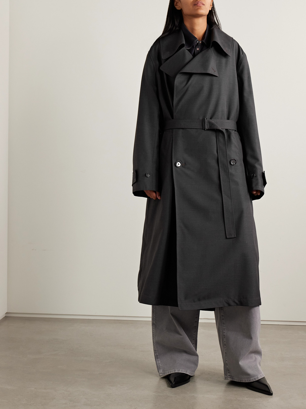 Lemaire Double-breasted Canvas Trench Coat In Gray