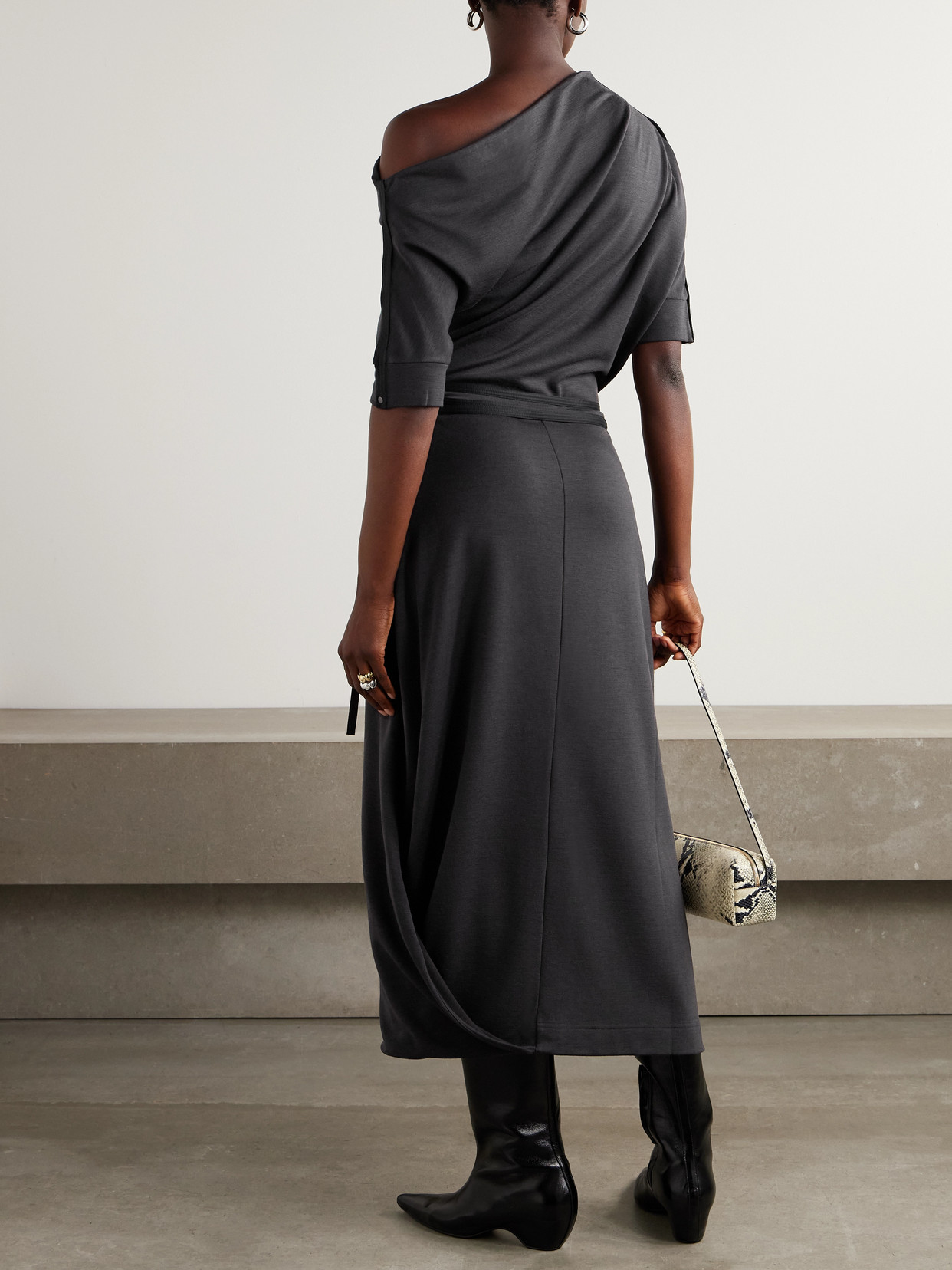 Lemaire Twisted Off-the-shoulder Jersey Midi Dress In Gray