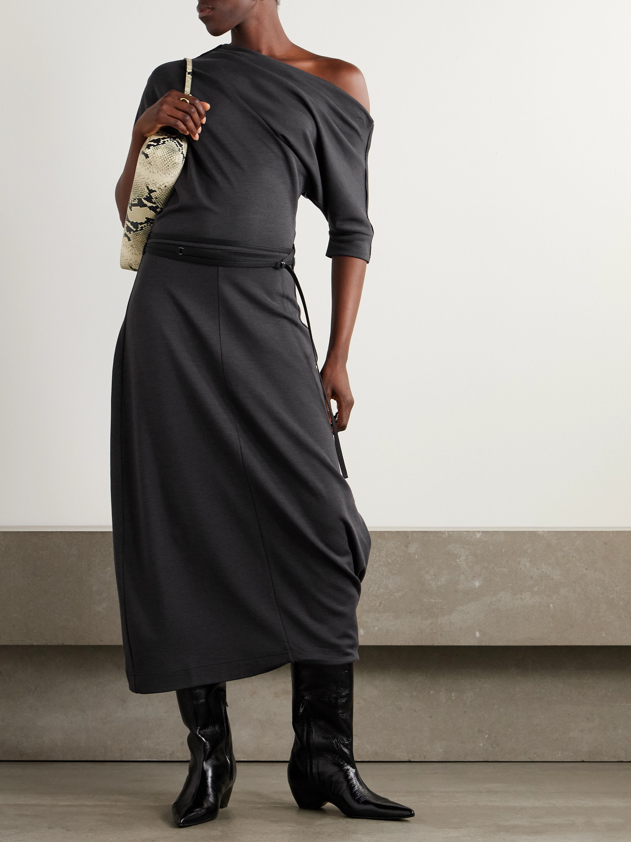 Lemaire Twisted Off-the-shoulder Jersey Midi Dress In Gray