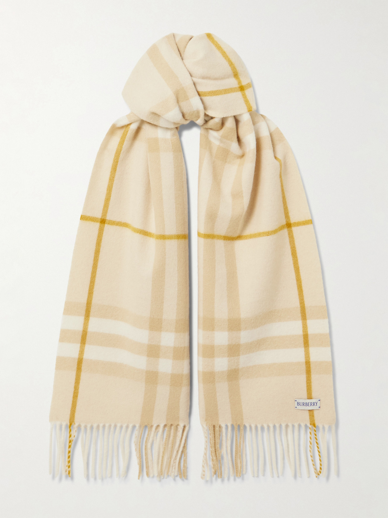 Burberry Fringed Checked Cashmere Scarf In White