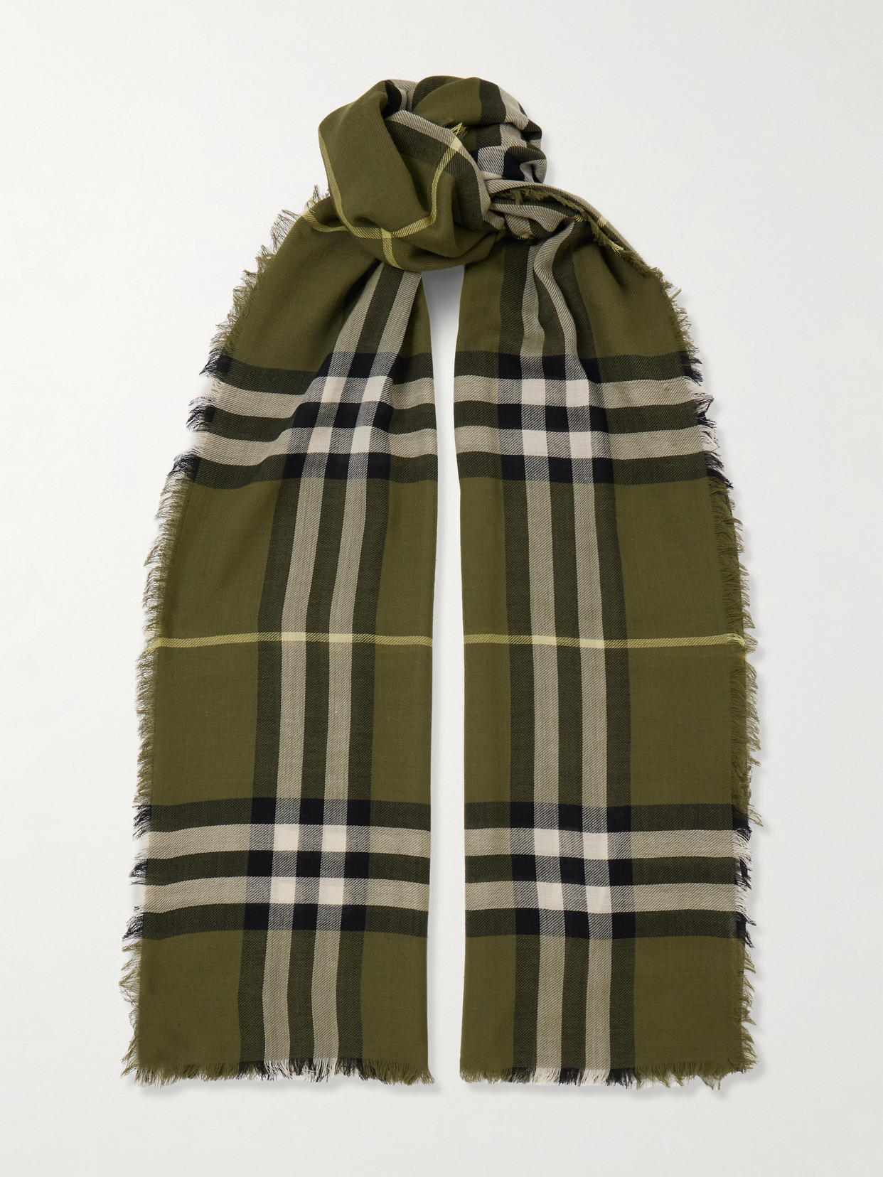 Burberry Checked Fringed Wool Scarf In Green