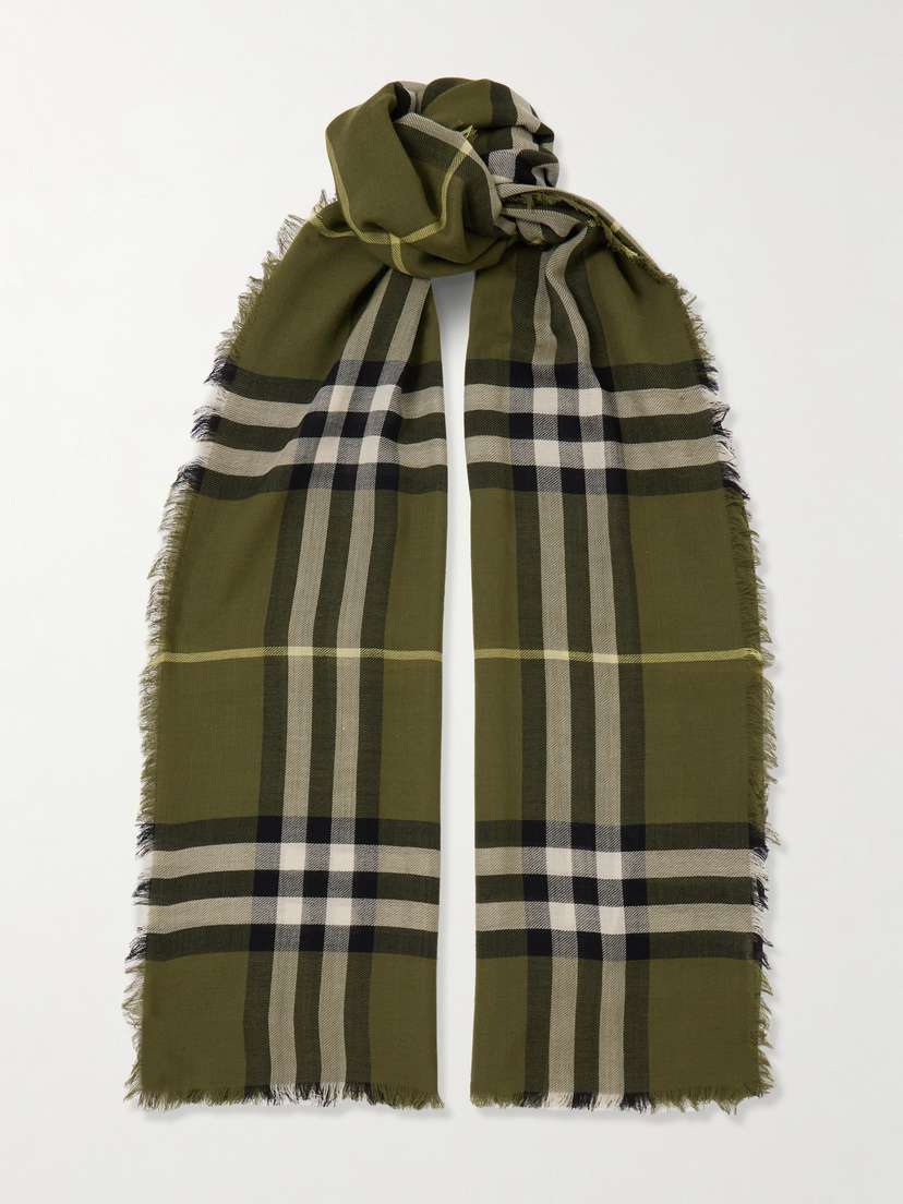 Burberry Checked Fringed Wool Scarf