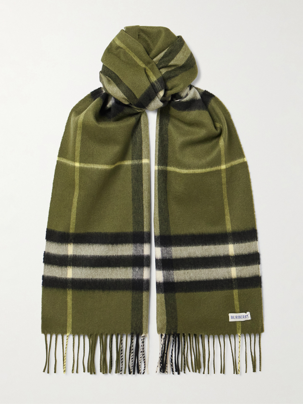 Burberry - Fringed Checked Cashmere Scarf - Forest green
