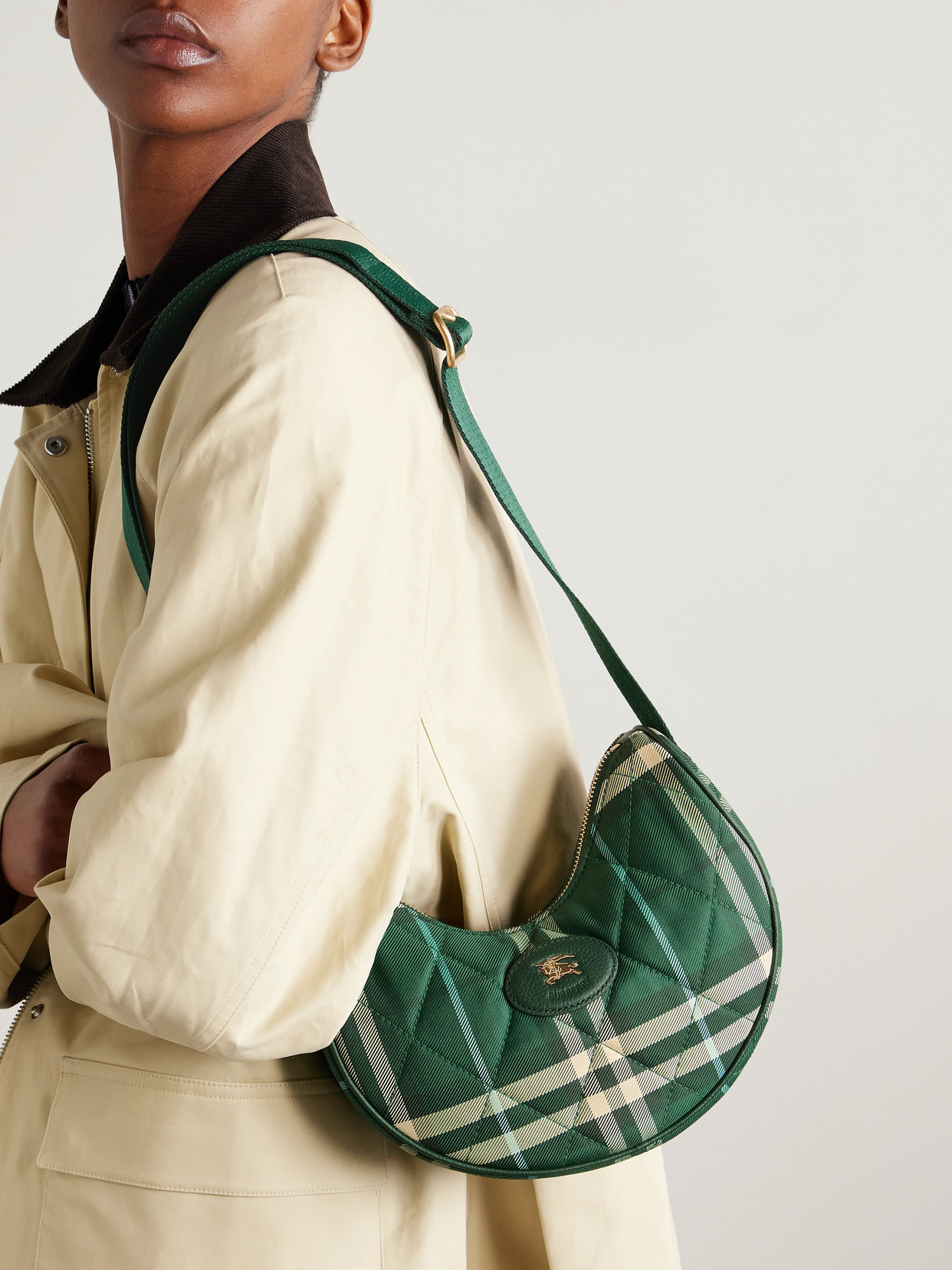 Burberry Leather-trimmed Quilted Checked Twill Shoulder Bag In Green