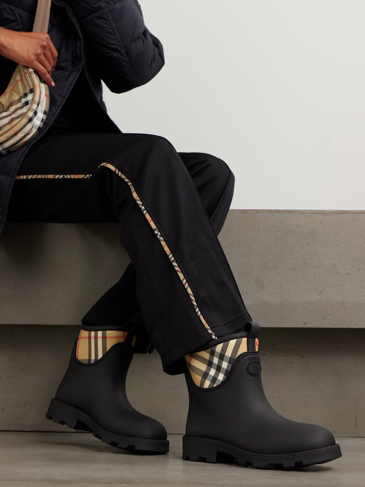 Burberry Marsh Stamp Checked Nylon-paneled Rubber Ankle Boots In Black