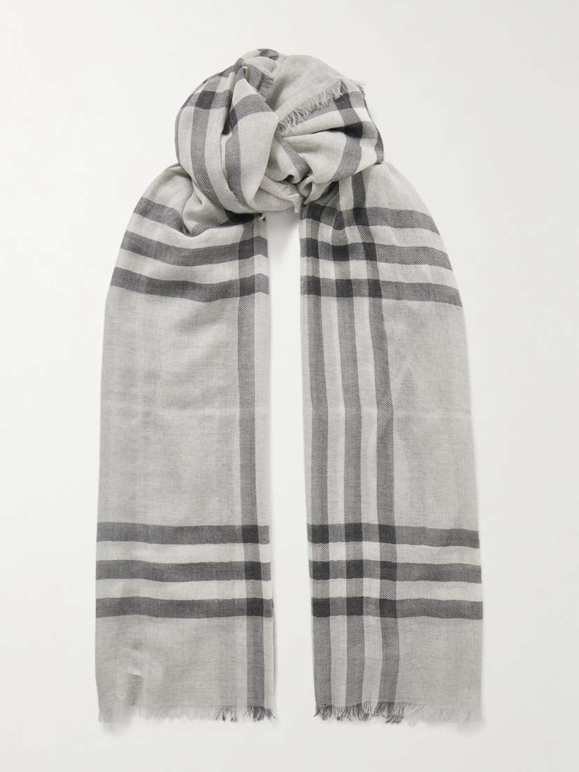 Burberry Fringed Checked Wool Scarf