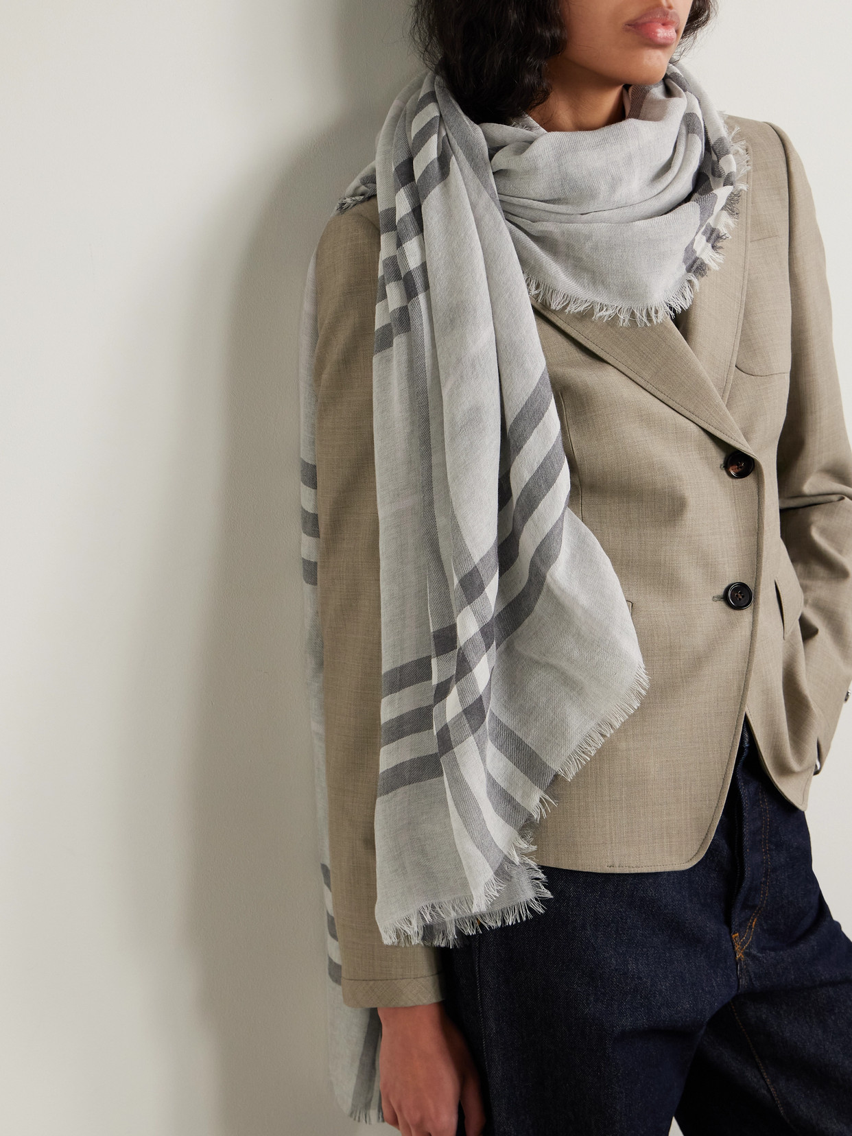 Burberry Fringed Checked Wool Scarf
