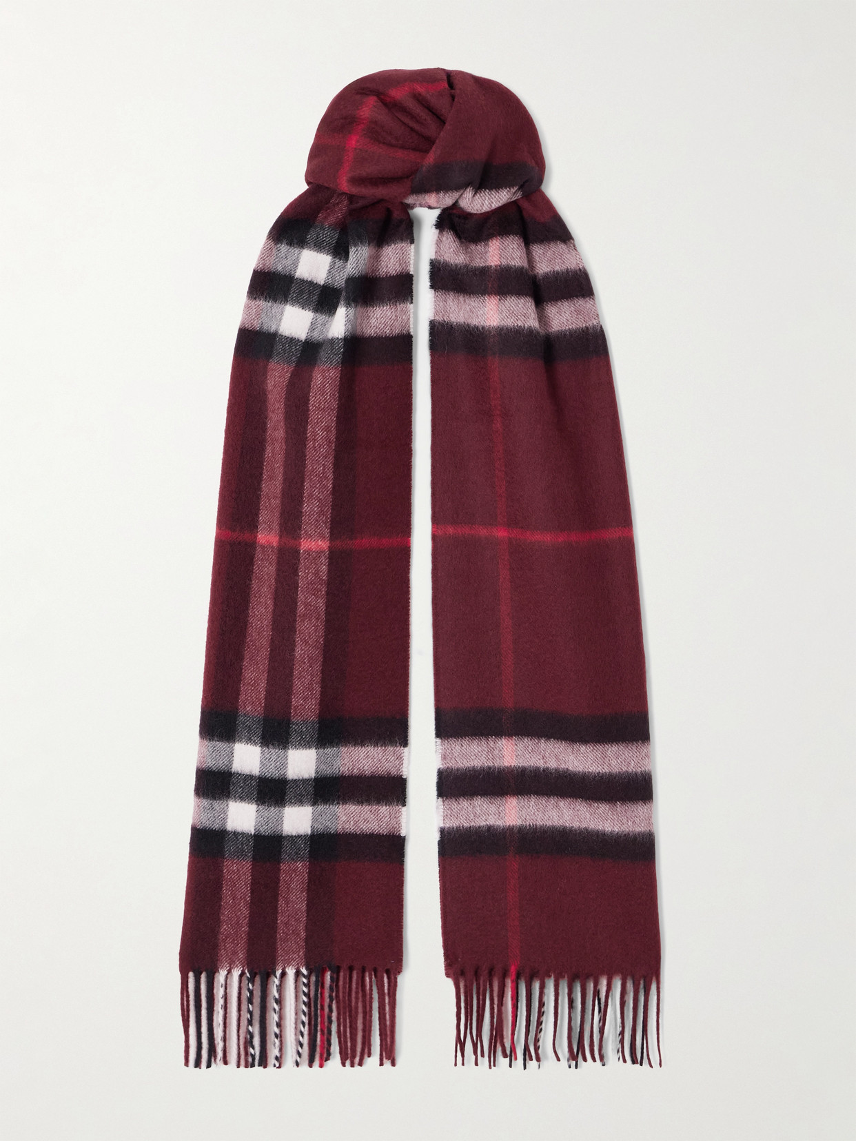 Burberry Check Patterned Cashmere Scarf Fringed Edges In Red