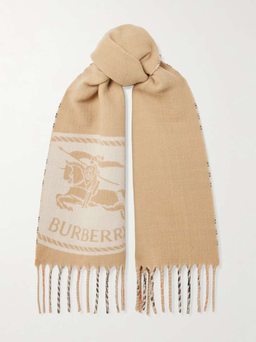 Burberry Fringed Checked Jacquard-knit Cashmere Scarf