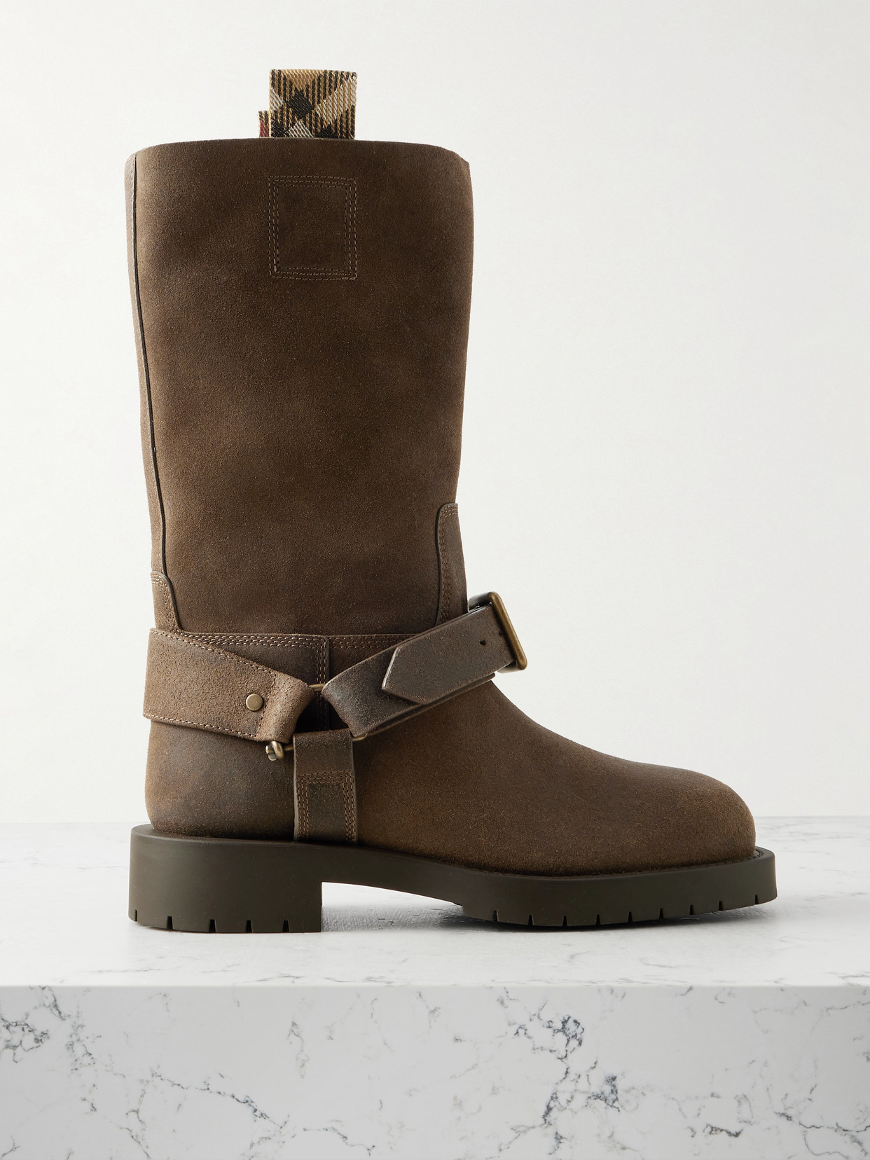 Burberry Buckled Suede Boots In Green