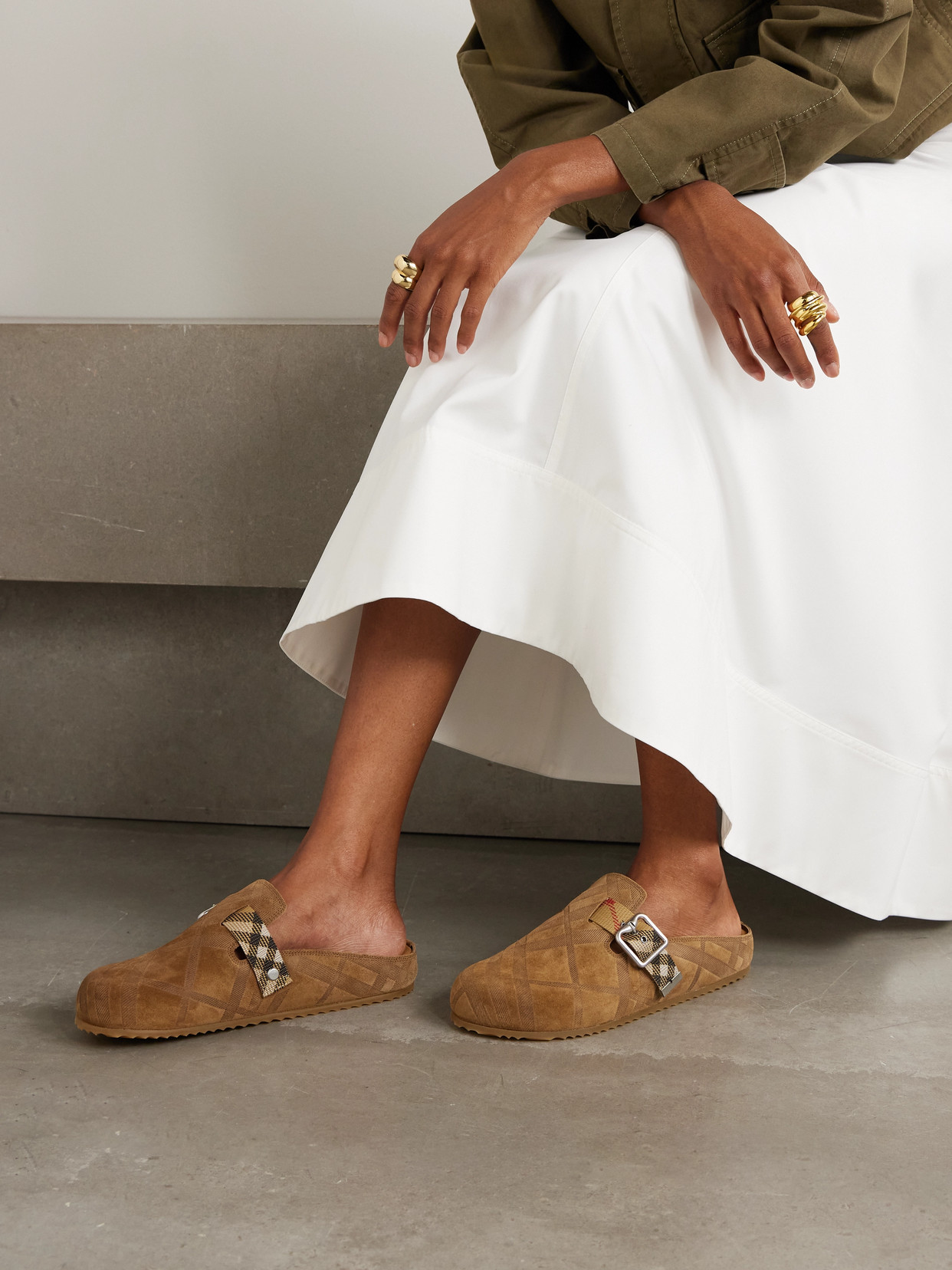 Burberry Urchin Canvas-jacquard Trimmed Textured-suede Clogs