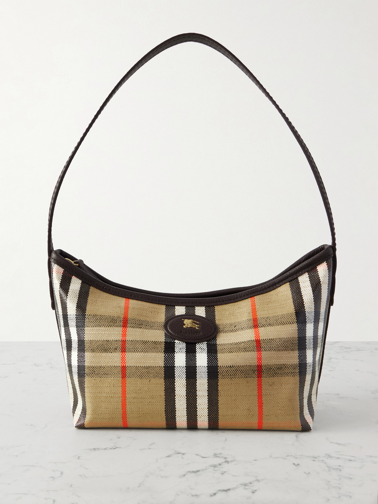 Burberry Leather-trimmed Checked Canvas Shoulder Bag In Neutral