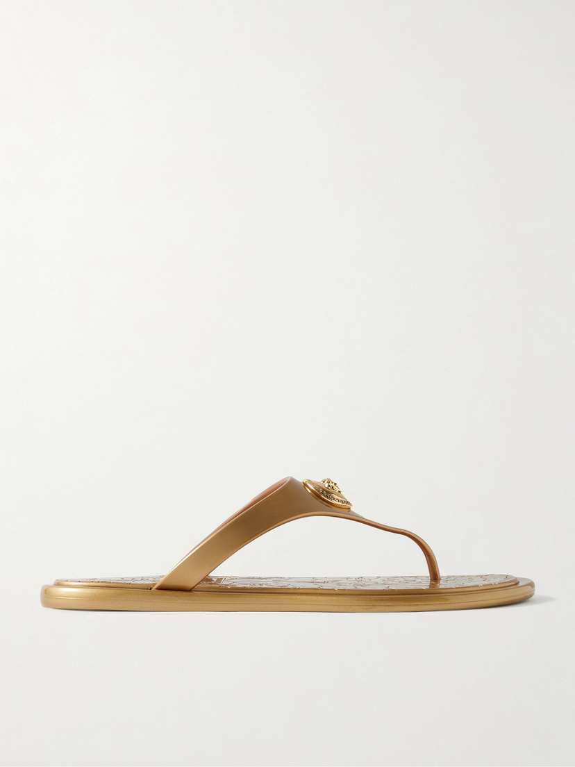 Versace Alia Embellished Metallic Rubber Flip Flops