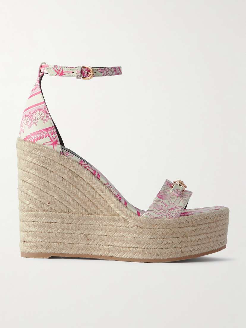 Versace Embellished Printed Leather Espadrille Wedge Sandals