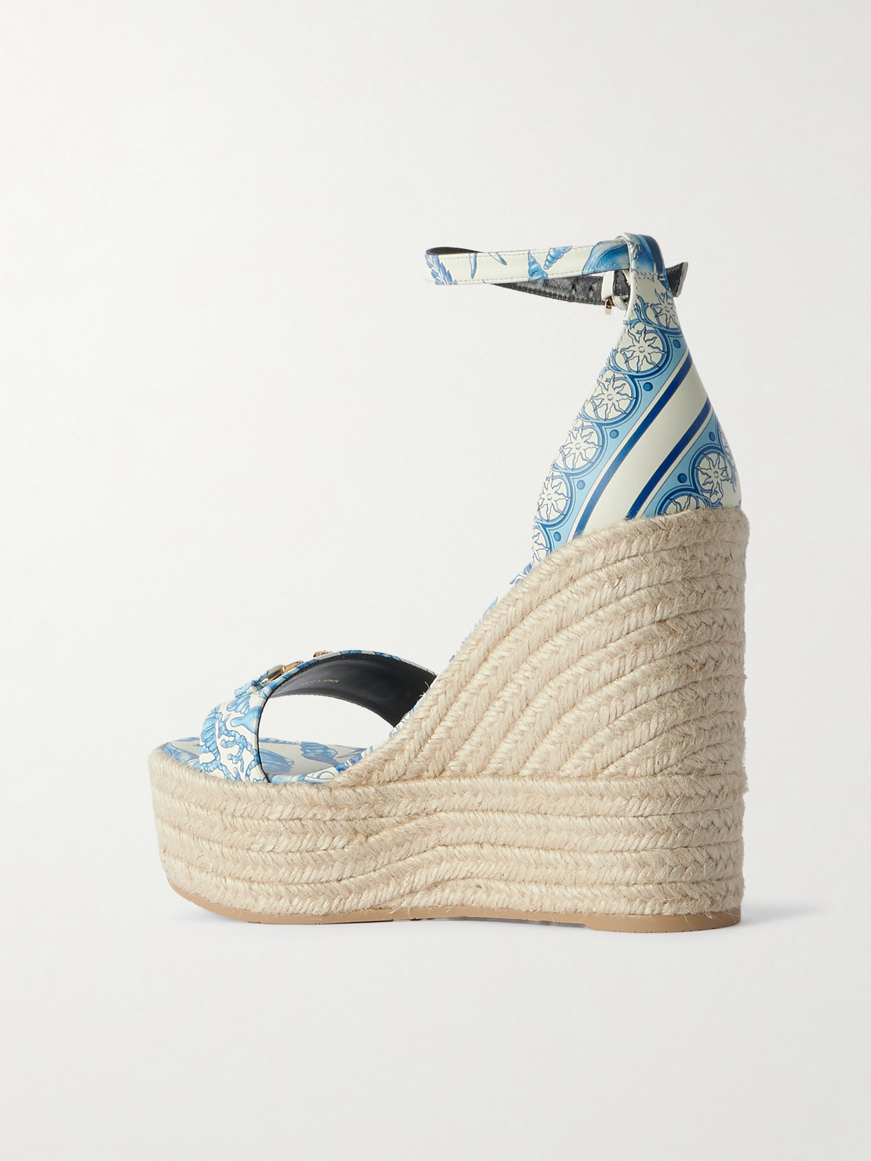 Versace Embellished Printed Leather Espadrille Wedge Sandals