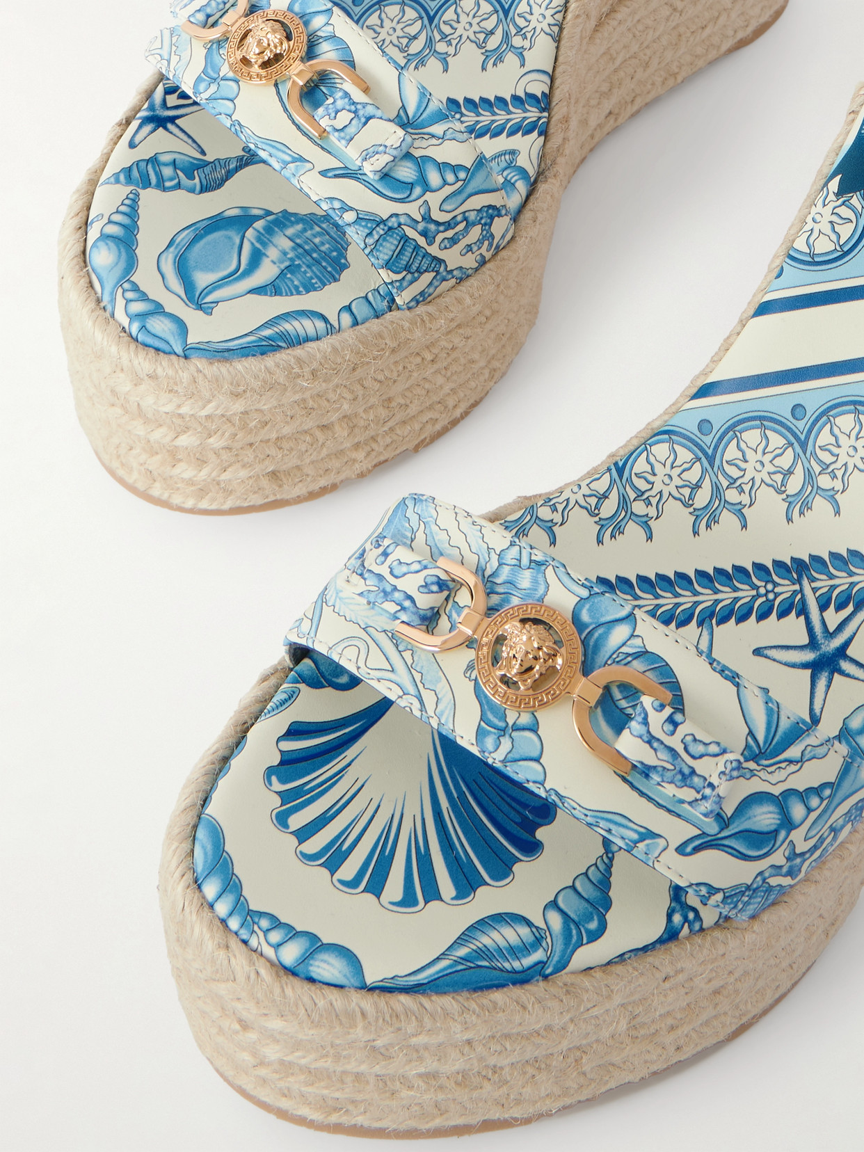 Versace Embellished Printed Leather Espadrille Wedge Sandals