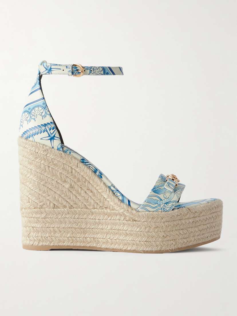 Versace Embellished Printed Leather Espadrille Wedge Sandals