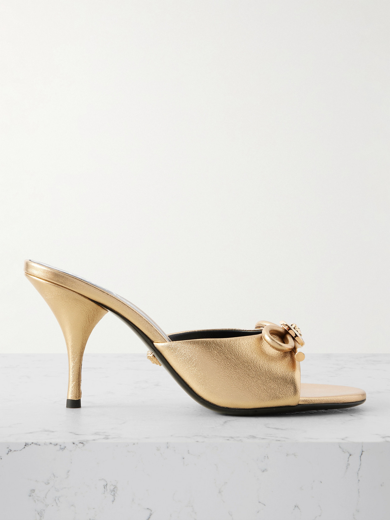Versace Opera Embellished Metallic Textured-leather Mules In Gold