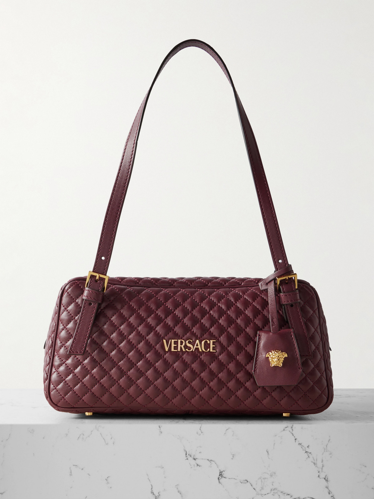 Versace Tag Quilted Leather Shoulder Bag In Burgundy