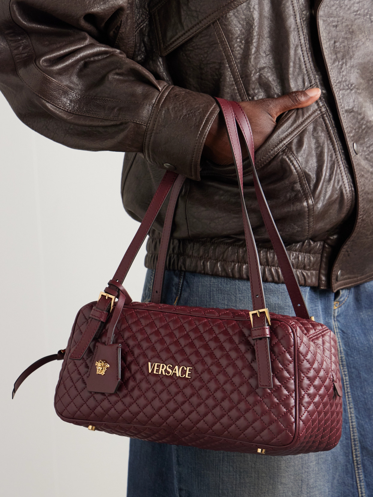 Versace Bordeaux Quilted Leather Bowling Crossbody Bag