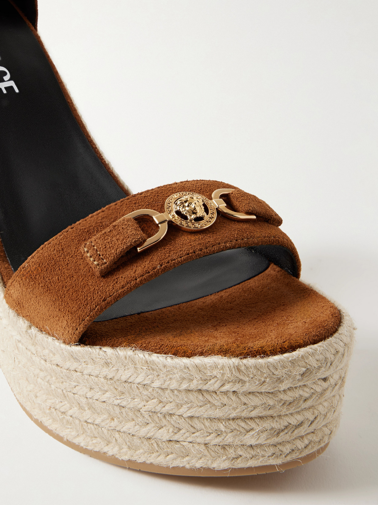 Versace Embellished Suede Espadrille Wedge Sandals In Brown