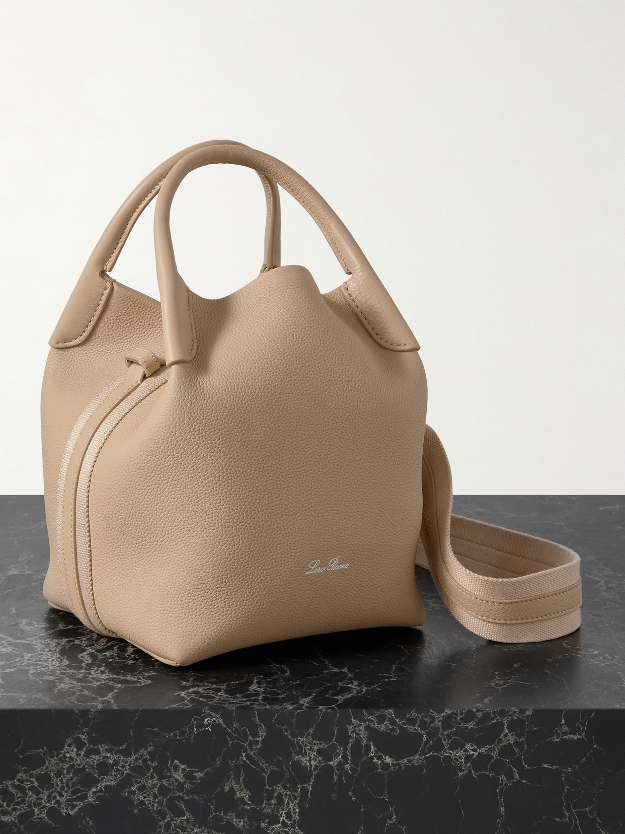 Loro Piana Bale Canvas-trimmed Textured-leather Tote In Neutral